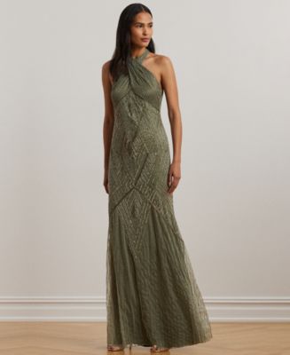 Lauren Ralph Lauren Women's Beaded Mesh Sleeveless Halter Gown - Macy's