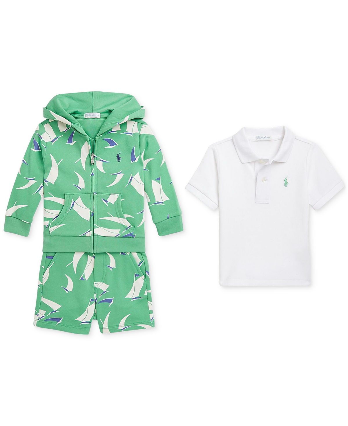 Polo Ralph Lauren Baby Boys Sailboat-print Hoodie, Polo Shirt & Short Set In Green