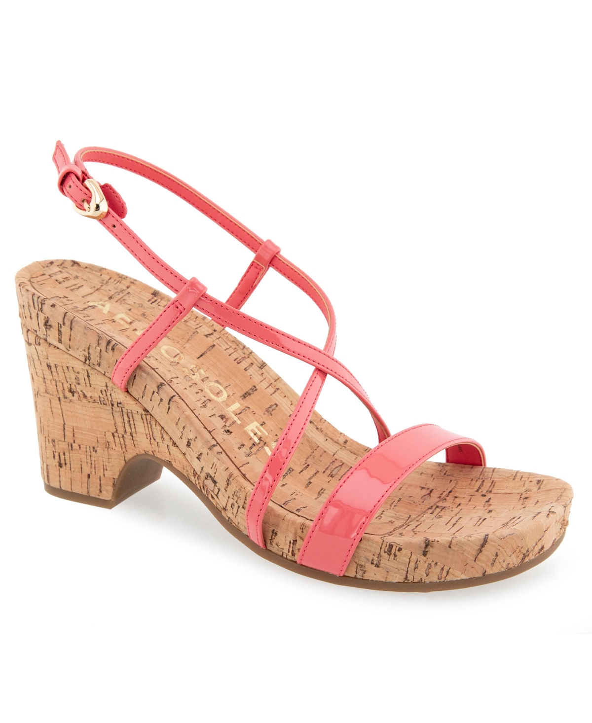Shop Aerosoles Women's Miles Round Toe Wedge Sandals In Coral Patent Faux Leather,cork