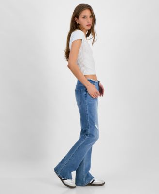 Juniors' Mid-Rise Raw-Waistband Flare-Leg Jeans 