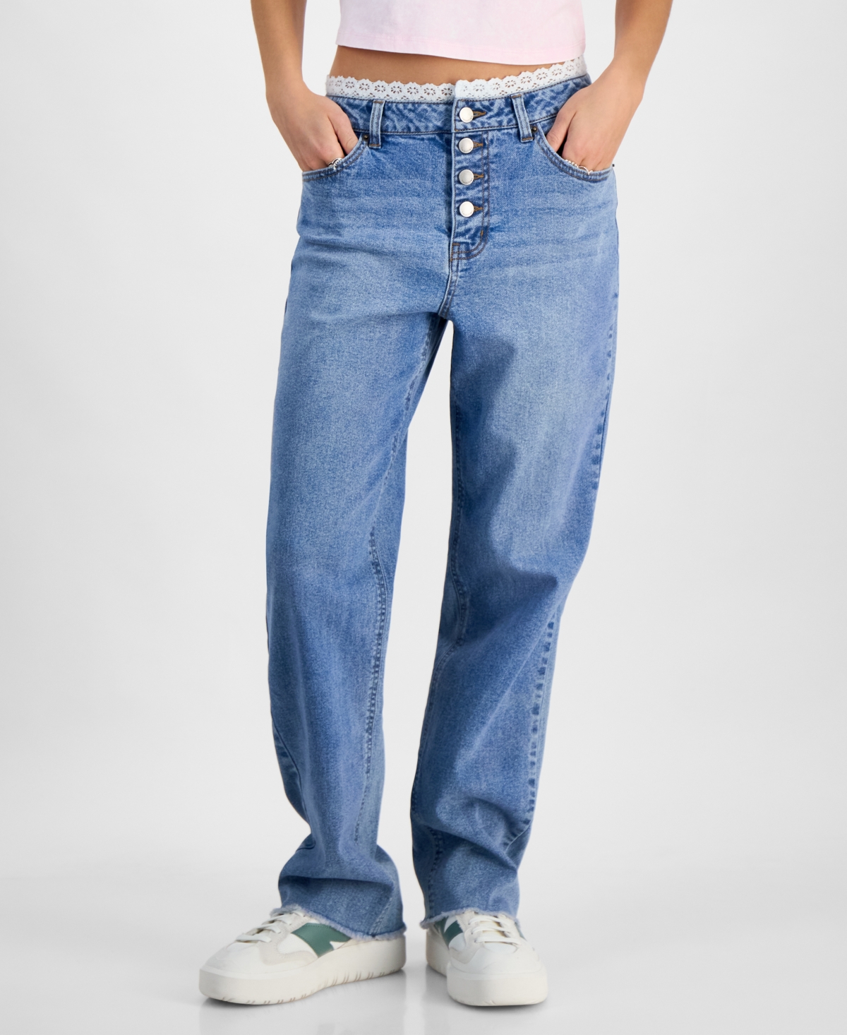 TINSELTOWN JUNIORS' HIGH-RISE LACE-TRIM BOYFRIEND JEANS 