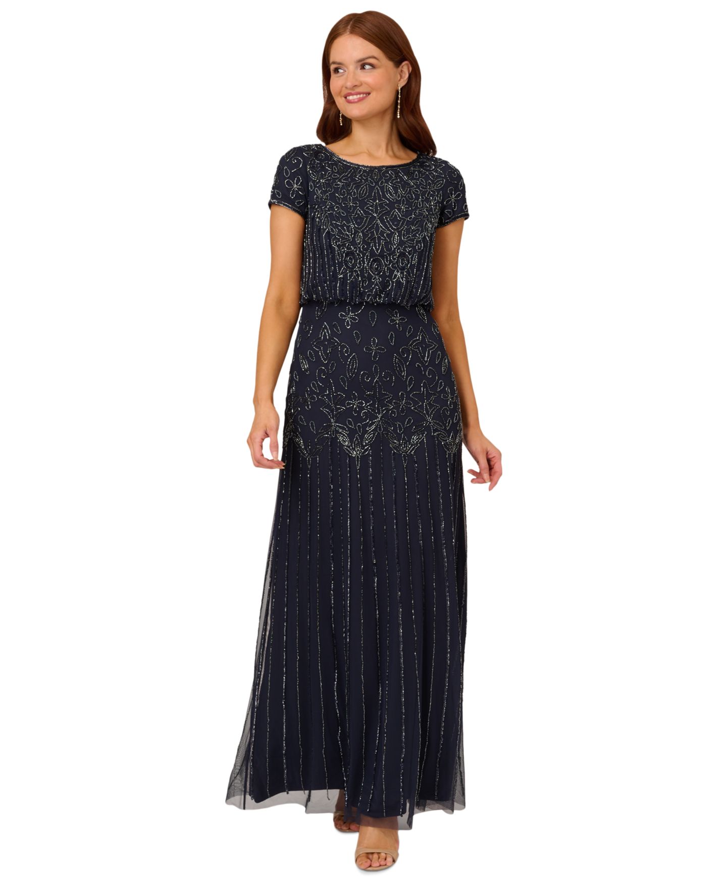 Женское платье Adrianna Papell Beaded Short-Sleeve Sheer-Overlay Gown, цвет: Тёмно-синий — фото 3