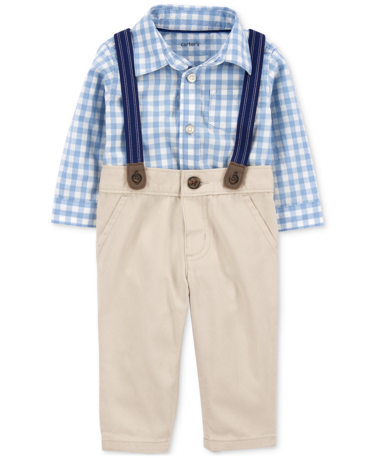 Carter's Baby Boys 3-pc. Cotton Gingham Bodysuit, Pants & Suspenders Set In Med Blue