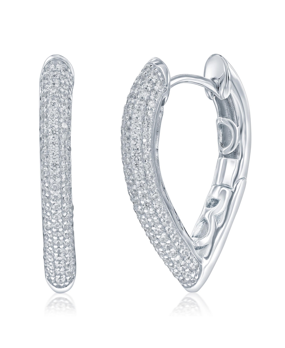 Sterling Silver, 'V' Shaped Pave Cz Hoop Earrings - Silver