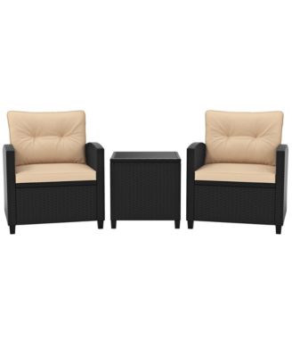 3 PCS Patio Furniture Set w/Tempered Glass Coffee Table Washable Cushions