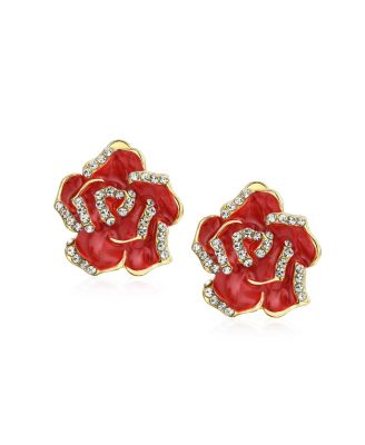 Pink Red Enamel Flower Crystal Edge Clip-On Earrings Gold Plated For Non-Pierced
