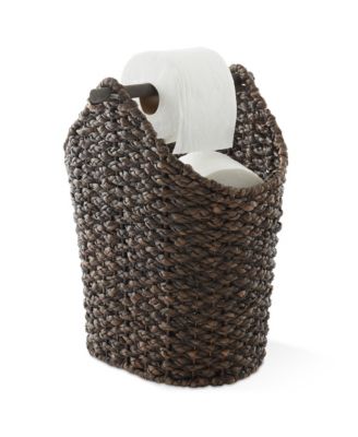 Toilet Paper Roll Holder Storage Basket with Wood Bar - Natural, Woven Water Hyacinth Wicker Bathroom Tissue Storage Organizer