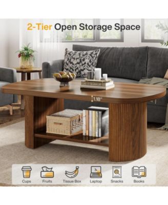 Oval Coffee Table, Mid-Century 2-Tier Coffee Table with Storage Shelf