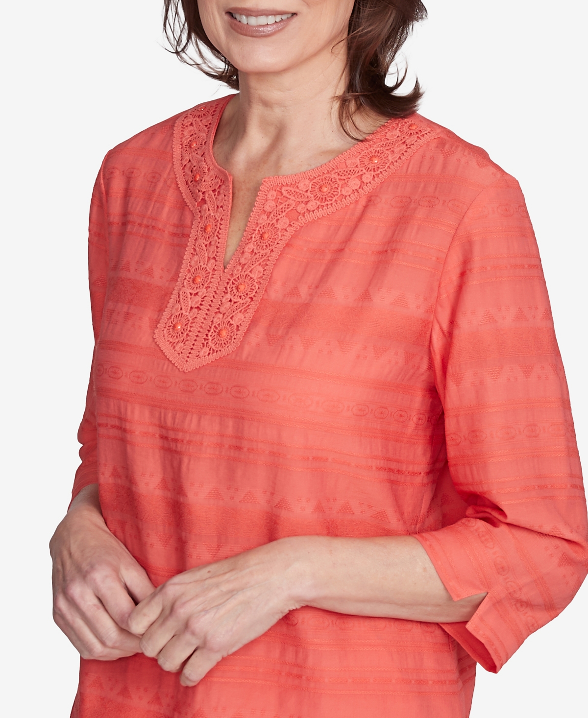 Alfred Dunner Plus Size Catalina Island Solid Textured Lace Trim Round Neck Top In Tangerine