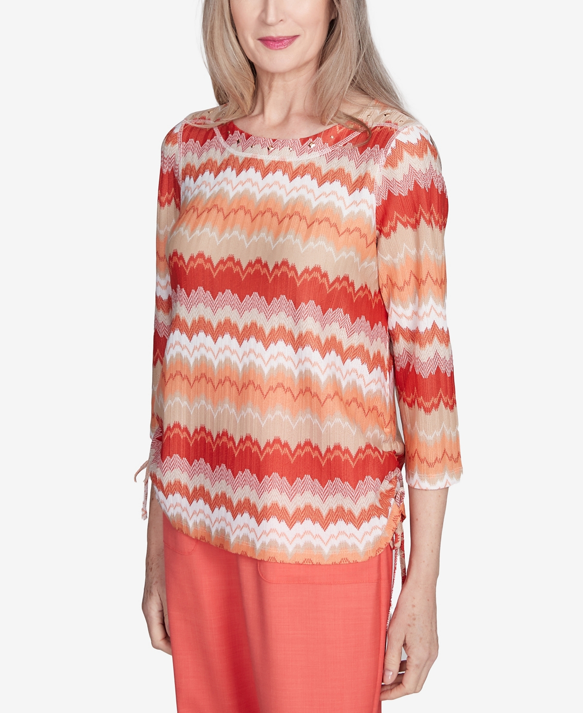 Alfred Dunner Plus Size Catalina Island Modern Chevron Drawstring Crew Neck Top In Tangerine Multi