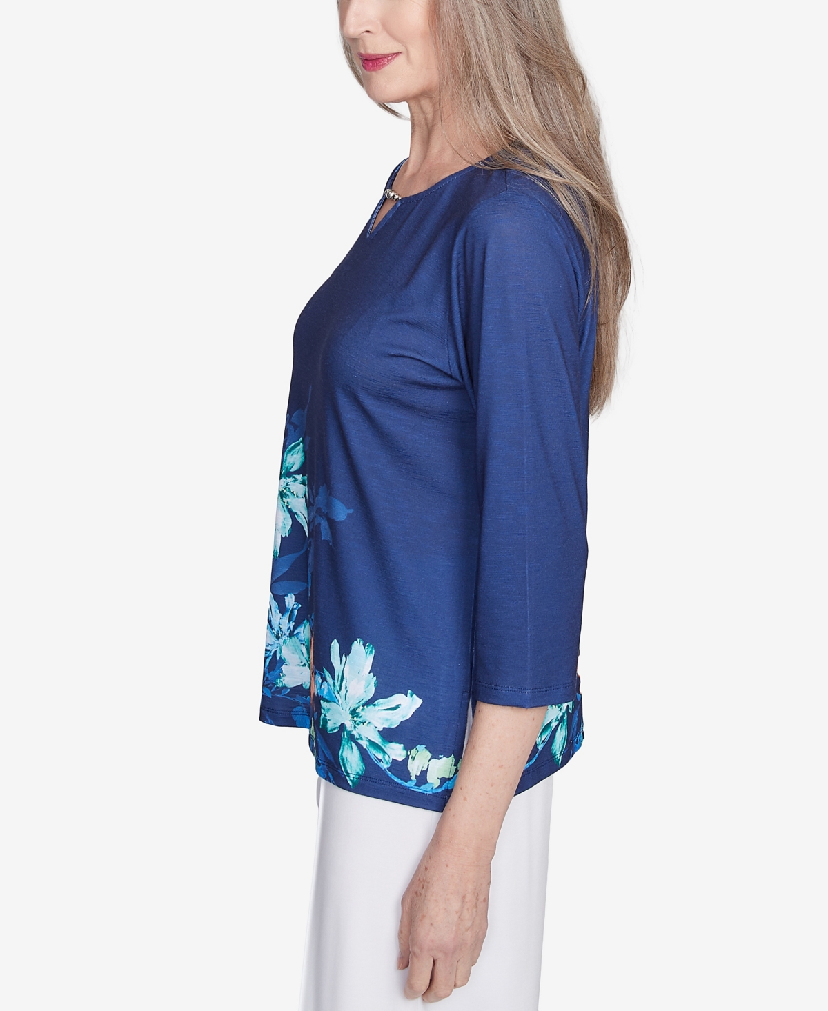 Alfred Dunner Plus Size Nantucket Asymmetric Floral Beaded Split Neck Top In Blue