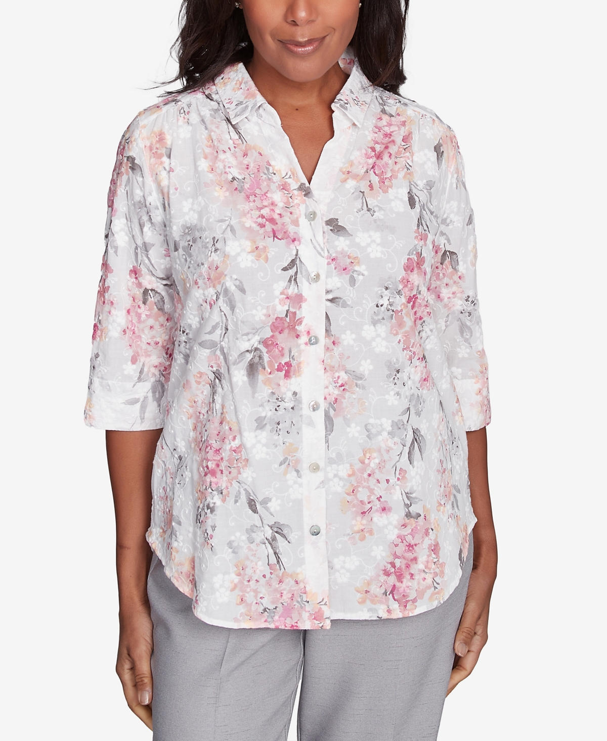 Alfred Dunner Petite Estate Of Mind Collared Button Front Hydrangea Top In Multi Pink