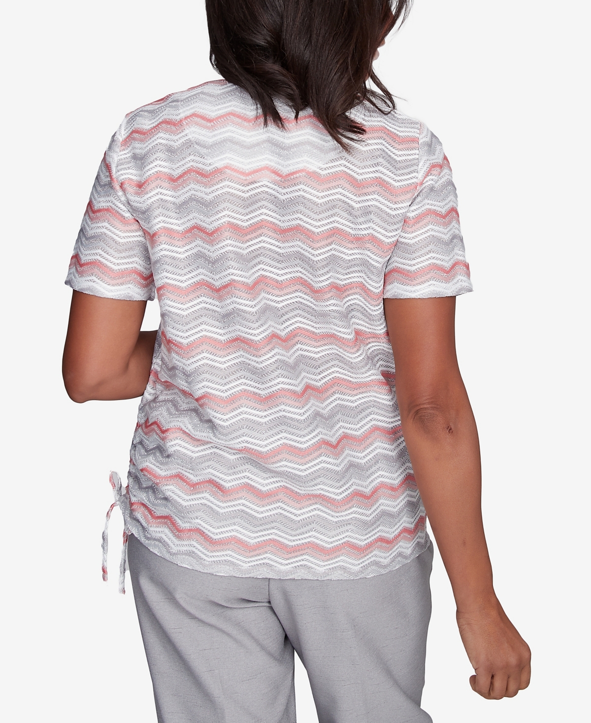Alfred Dunner Petite Estate Of Mind Chevron Shimmer Top With Necklace In Multi Pink