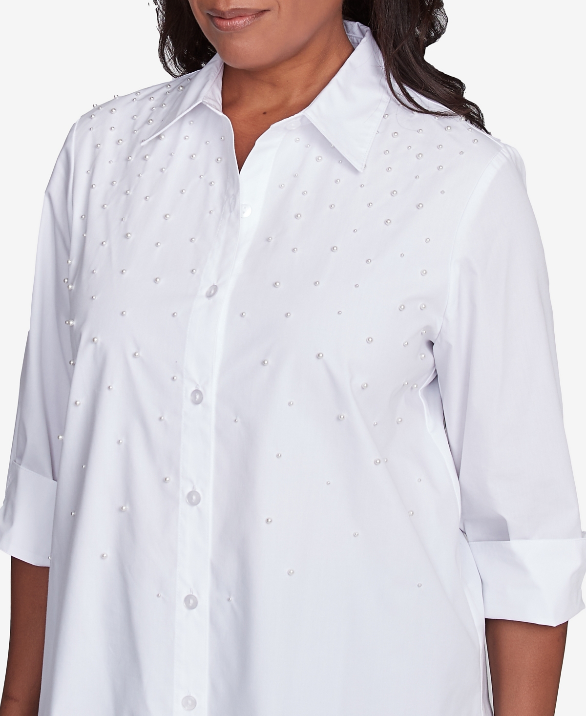 Alfred Dunner Plus Size Flower Power Studded Button Down Collared Top In White