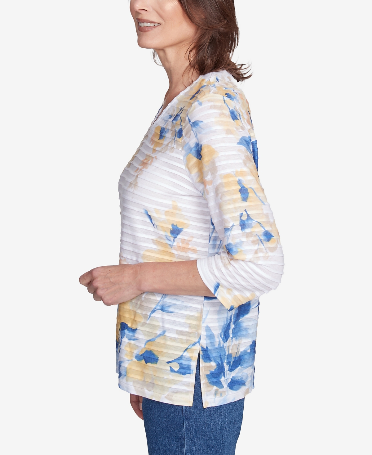 Alfred Dunner Plus Size Flower Power Floral Textured V Neck Top In Multi Blue