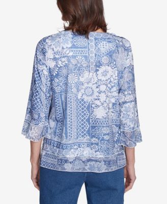 Women's Flower Power Lacey Floral Patchwork Crew Neck Top