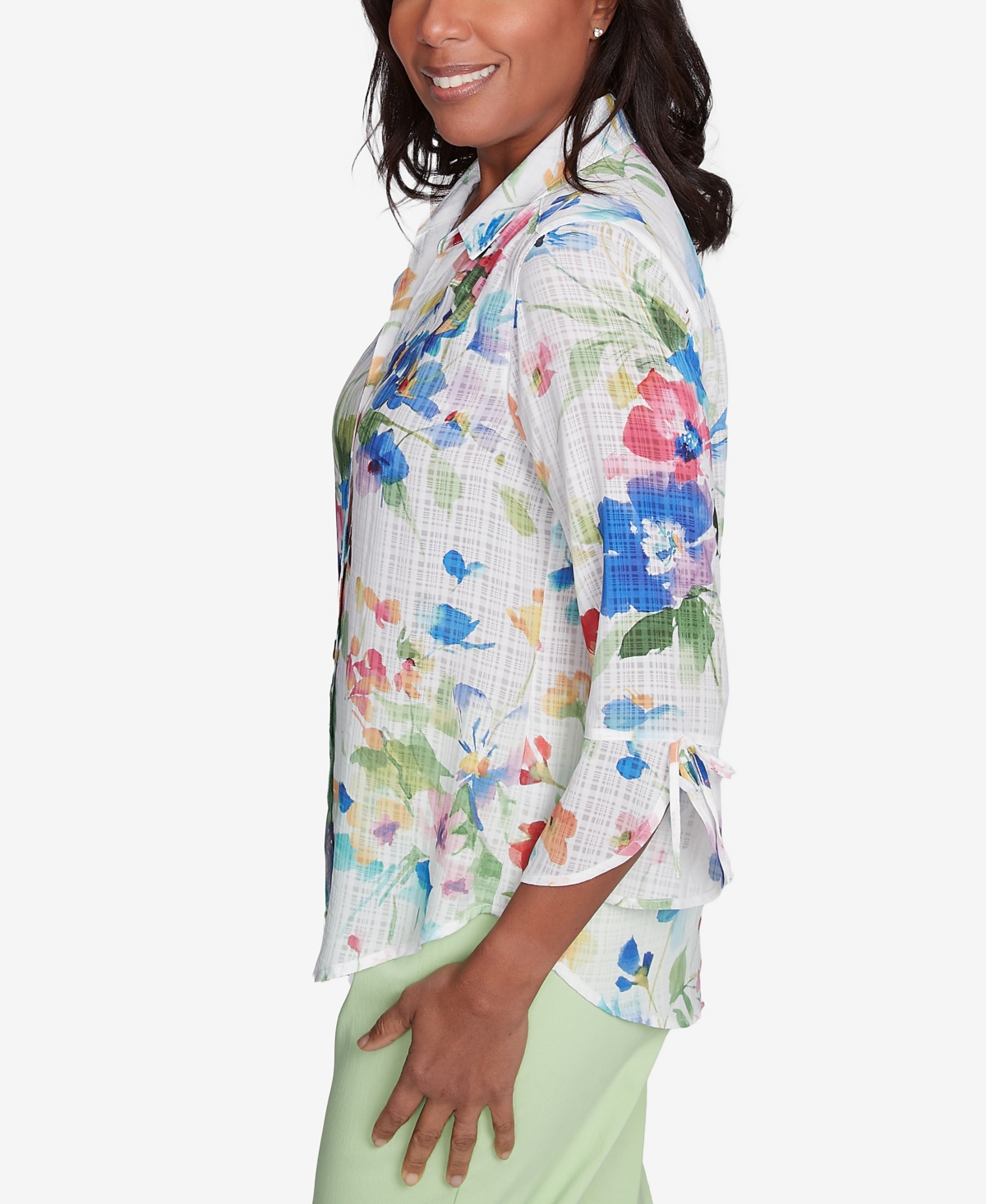 Alfred Dunner Petite Parrot Cay Abstract Watercolor Button Down Collared Neckline Top In Cobalt Multi