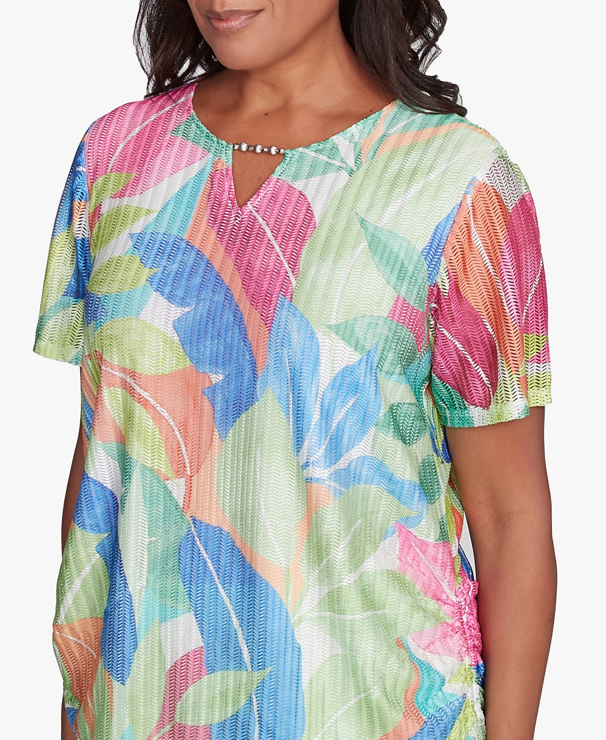 Alfred Dunner Petite Parrot Cay Textured Tropical Beaded Neck Top In Multi Green