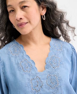 売れ筋商品|||スタイルアンドコー カットソー トップス レディース Women's Chambray Embroidered Elbow-Sleeve Top, Exclusively at Macy's Anna Wash Style & Co Women's Chambray Embroidered Elbow-Sleeve Top