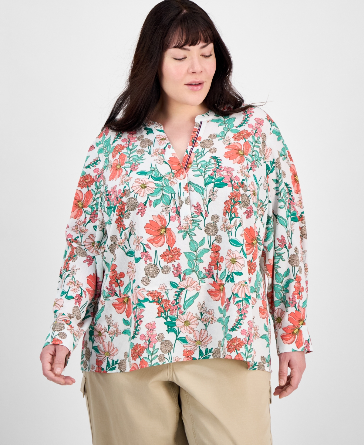 TOMMY HILFIGER PLUS SIZE FLORAL-PRINT POPOVER TUNIC, EXCLUSIVELY AT MACY'S 