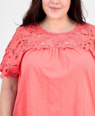 Plus Size Lace Yoke Short-Sleeve Top