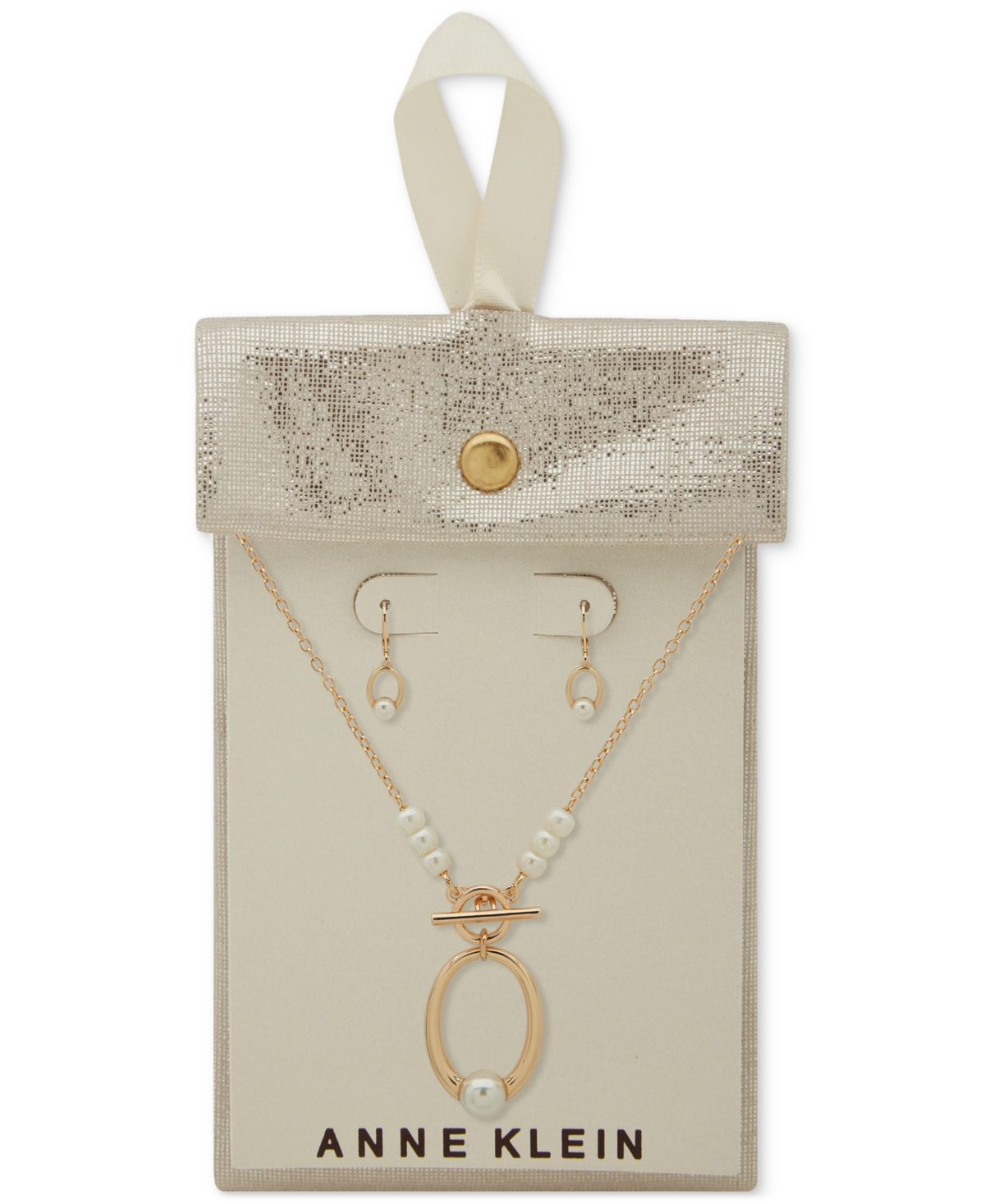 Anne Klein Gold-tone Imitation Pearl Open Circle Pendant Necklace & Earrings Set In Pearl