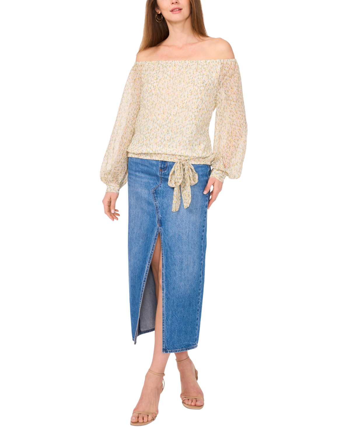 Shop Vince Camuto Women's Floral Off-the-shoulder Long-sleeve Tie-front Blouse In Calm Grey