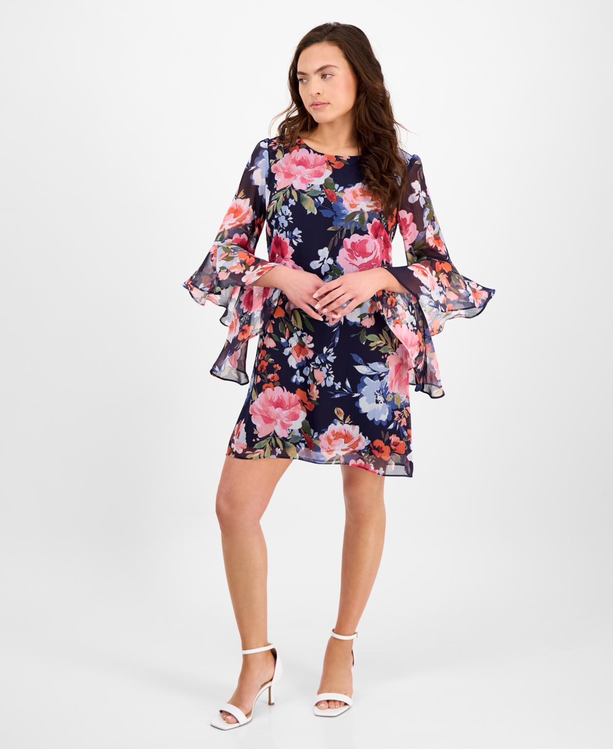 Petite Floral-Print Bell Flare-Sleeve Dress - Navy