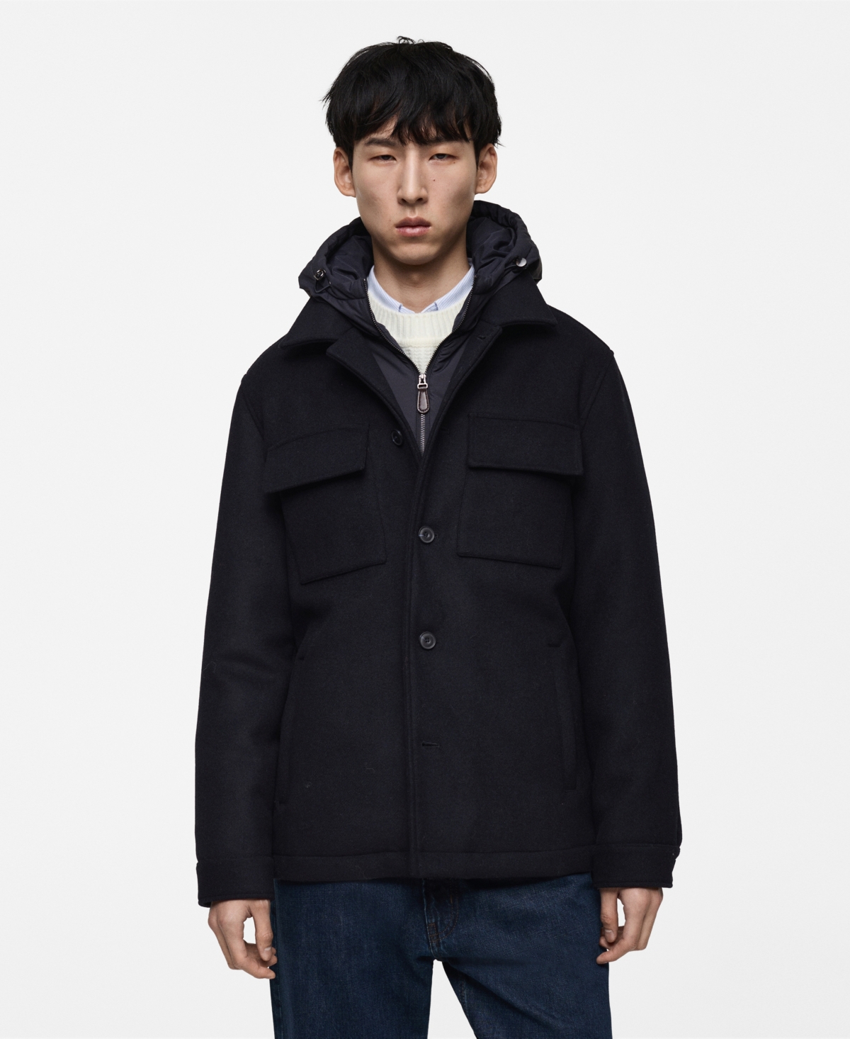 Mango Wool Blend Coat With Removable Hood In Dark Navy