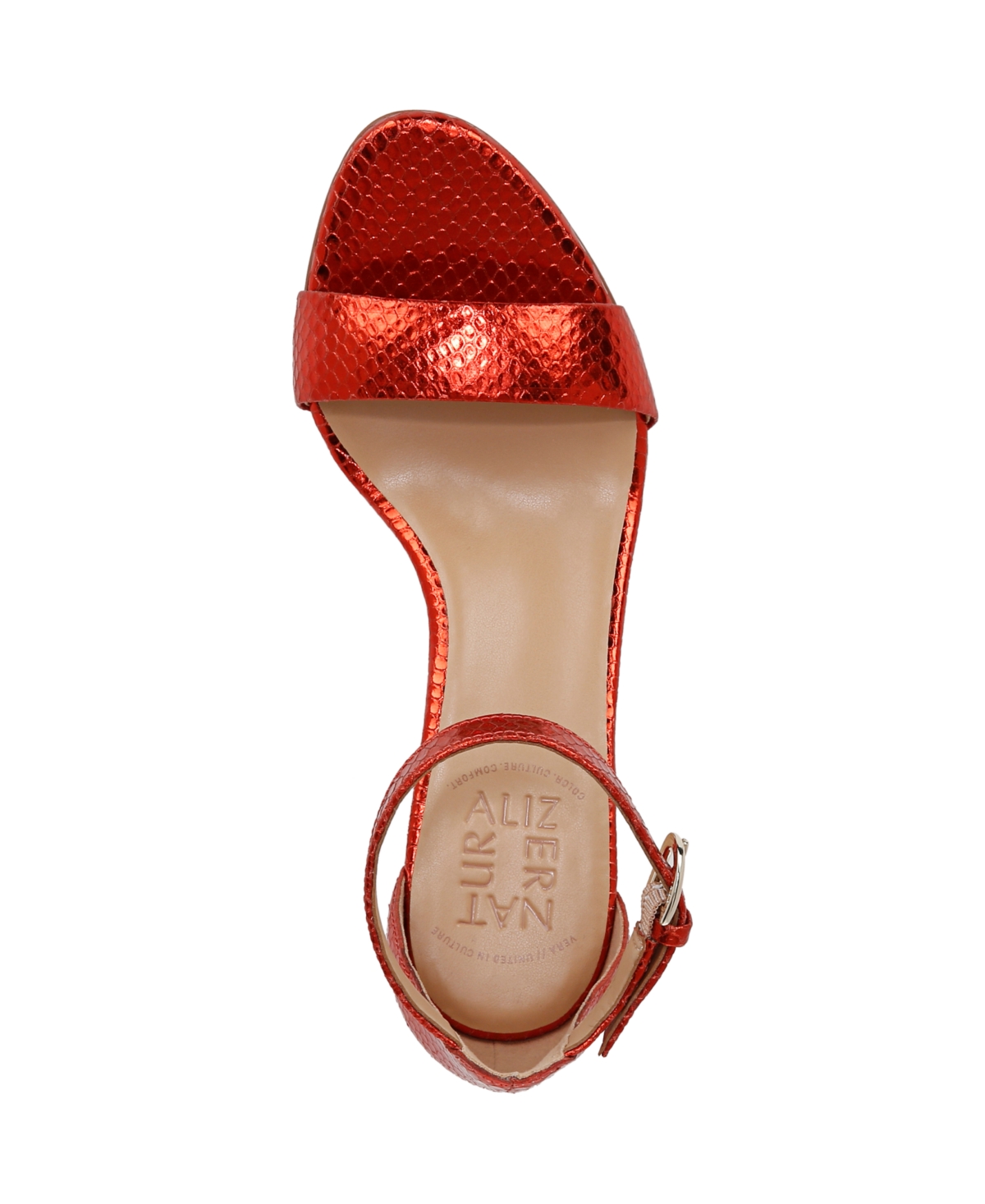 Naturalizer Bristol Block Heel Ankle Strap Sandal In Orange Metallic Snake Embossed Leather