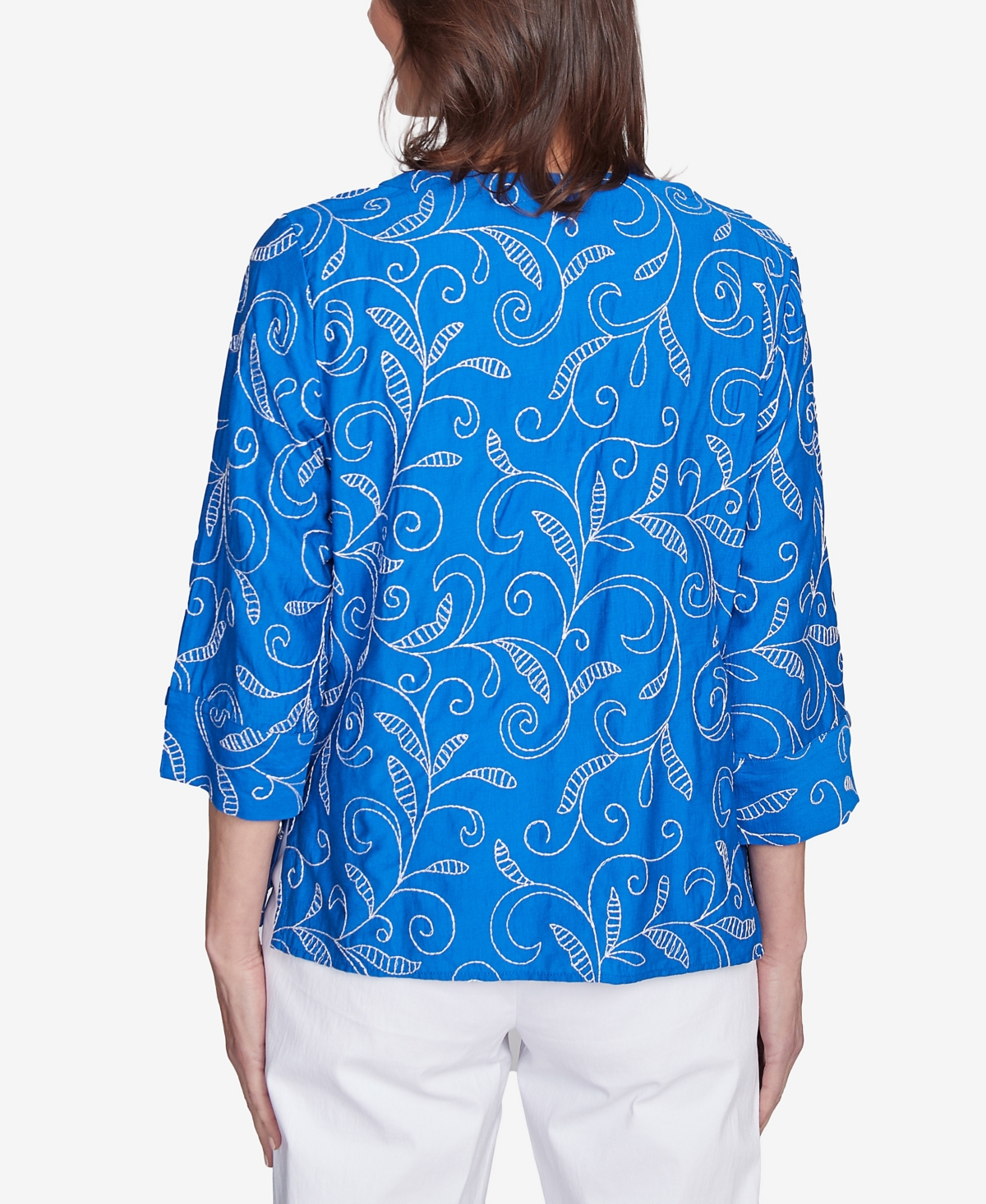 Alfred Dunner Plus Size Parrot Cay Scroll Embroidered Cuff Sleeve Top In Cobalt Blue
