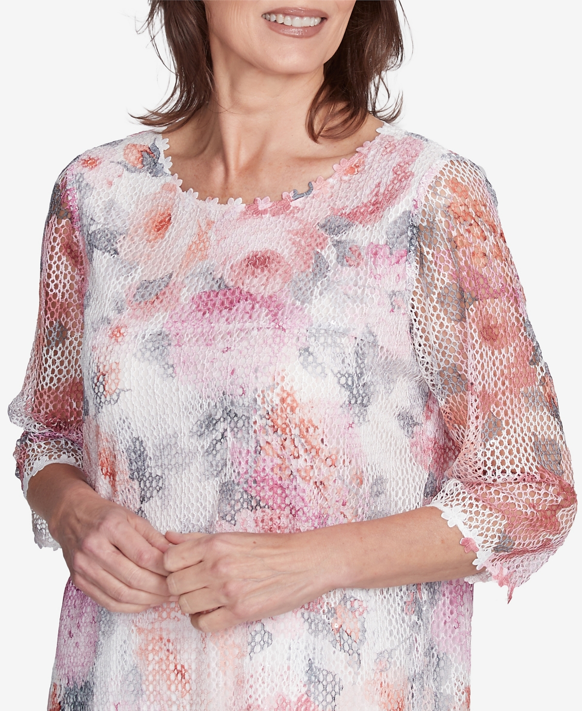 Alfred Dunner Women's Estate Of Mind Floral Mesh Watercolor Top In Multi Pink