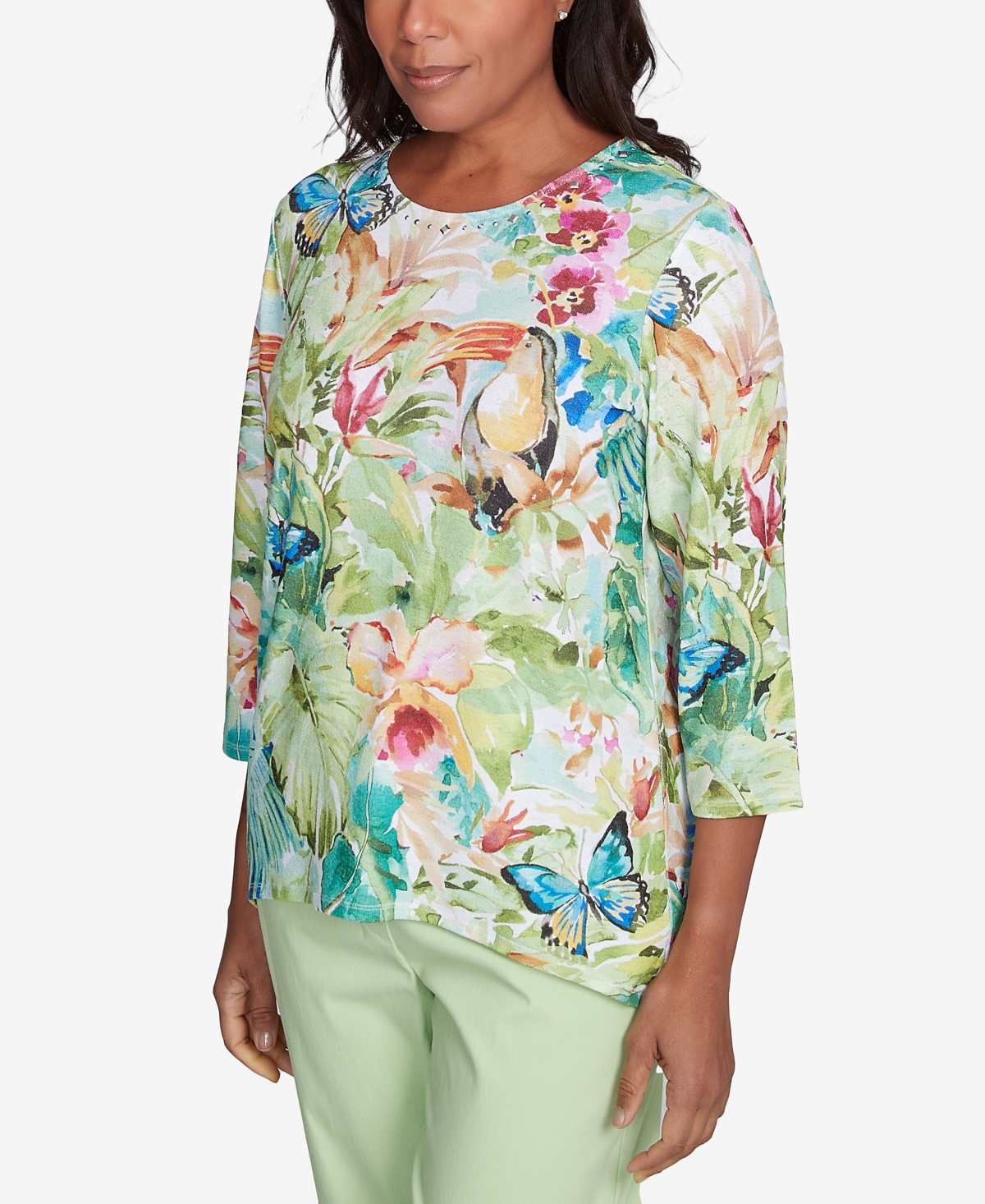 Alfred Dunner Plus Size Parrot Cay Tropical Toucan Crew Neck Top In Multi Green