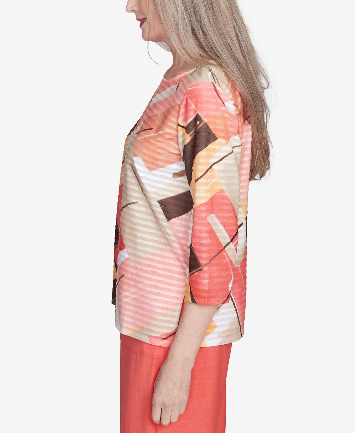 Alfred Dunner Plus Size Catalina Island Colorful Patchwork Crew Neck Top In Tangerine Multi