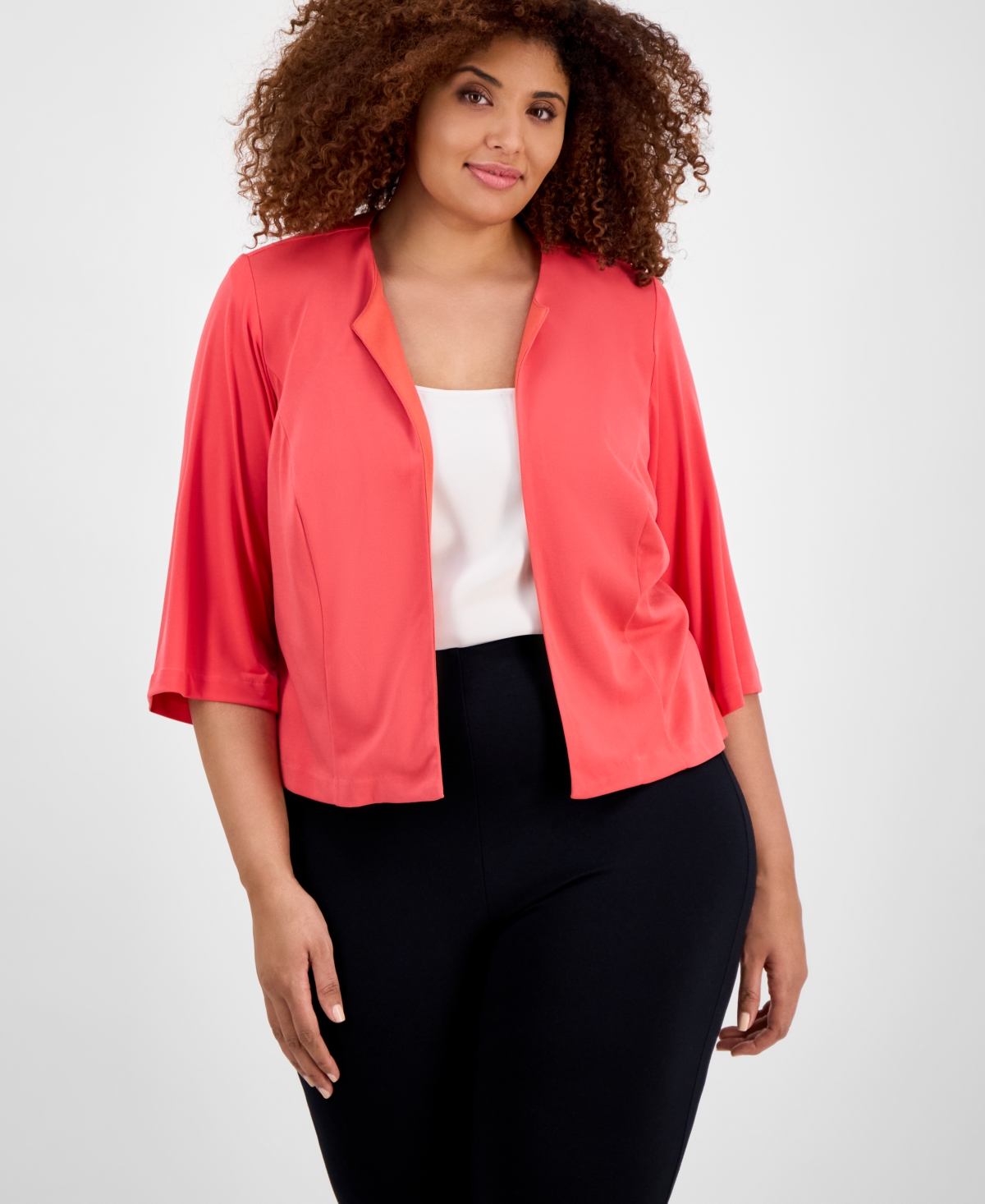 Sandra Darren Plus Size Round-neck Open-front Cardigan In Navy Coral