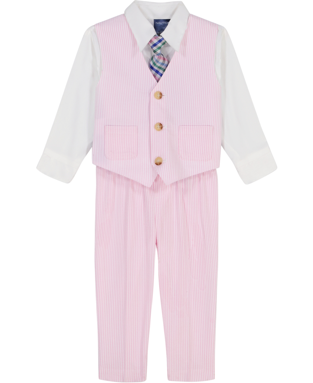 Nautica Baby Boys 4-piece Seersucker Vest With Tie Set In Pink