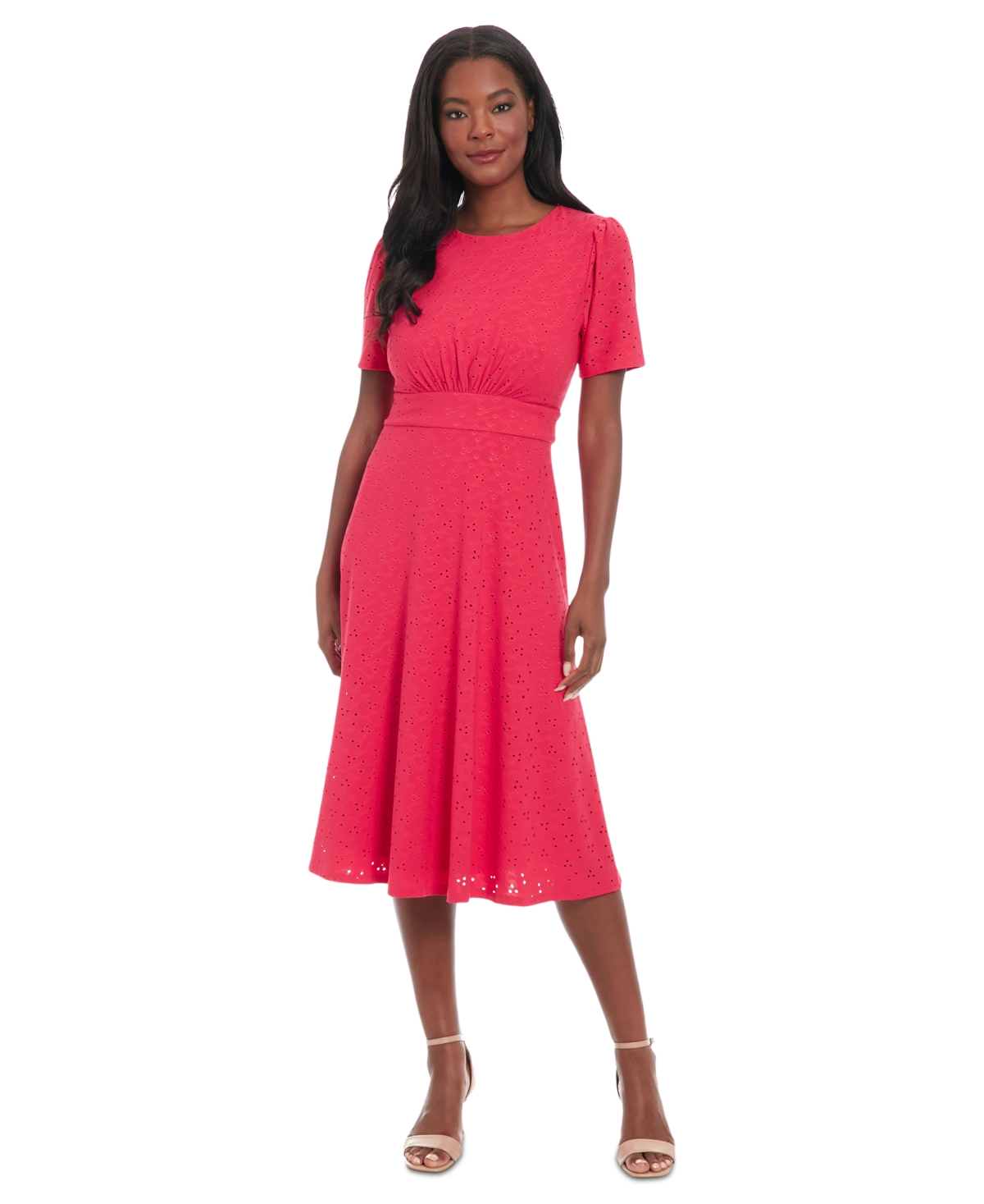 London Times Plus Size Eyelet Jersey Short-sleeve Midi Dress In Rose Red