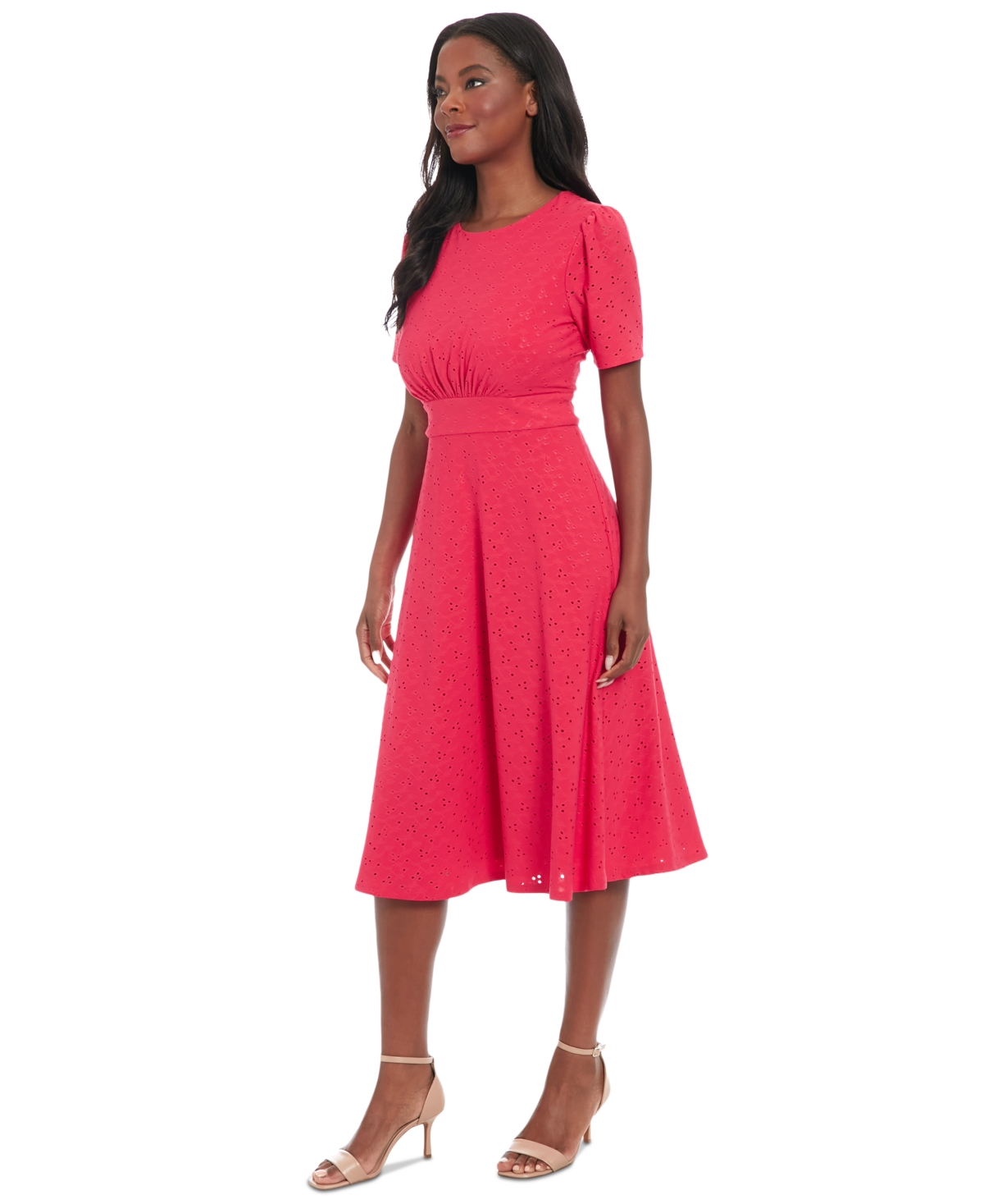 London Times Plus Size Eyelet Jersey Short-sleeve Midi Dress In Rose Red