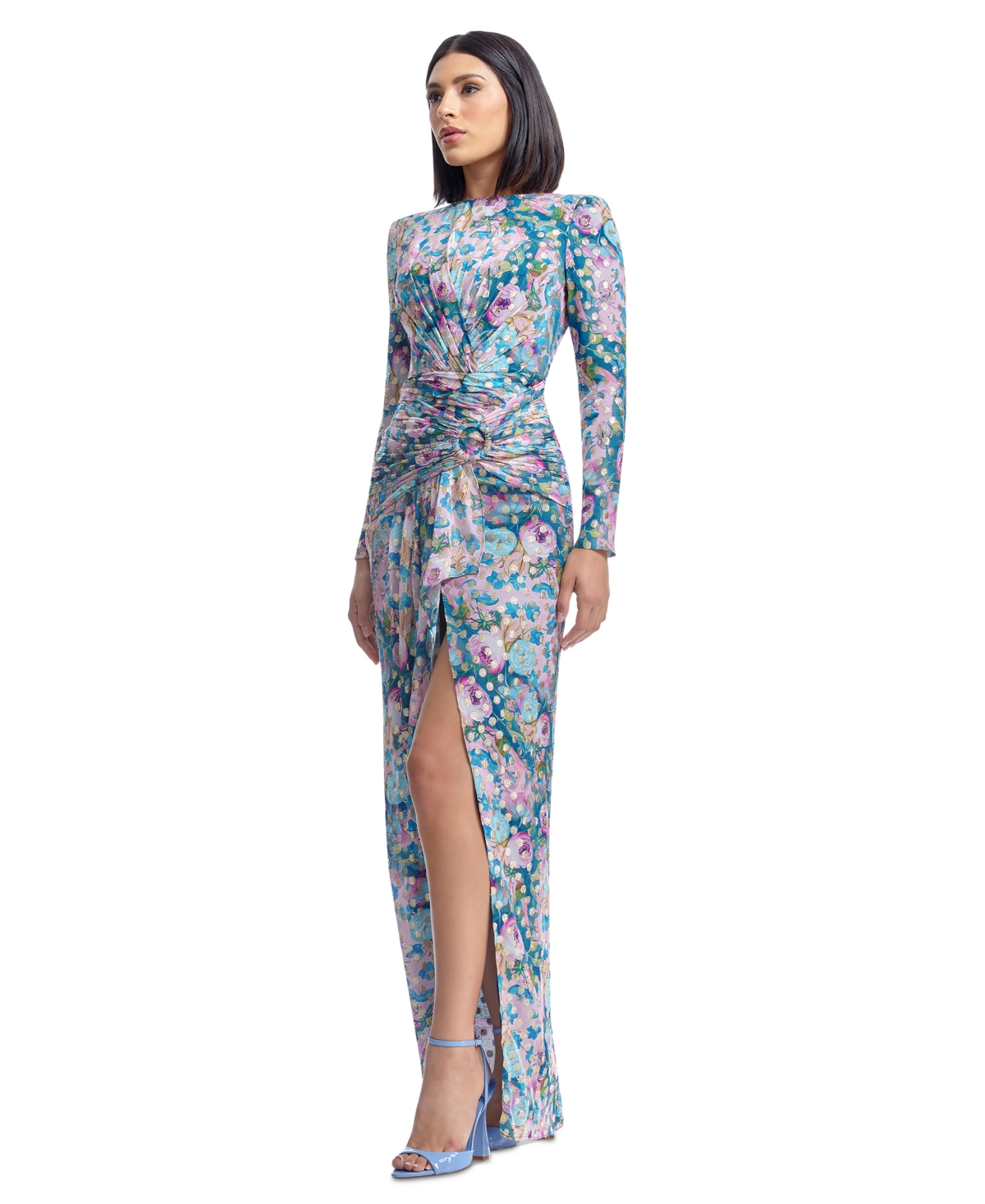 DRESS THE POPULATION WOMEN'S ROMERA PRINTED FOIL DOT LONG-SLEEVE GOWN 