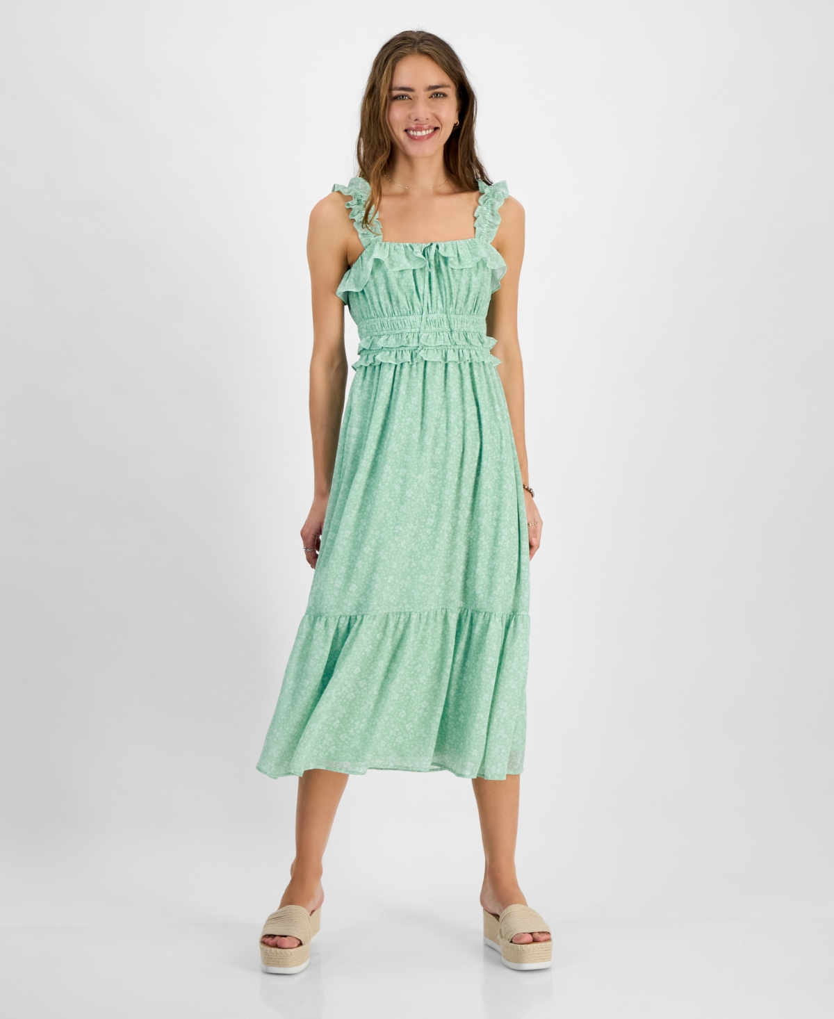 Juniors' Ruffled Square-Neck Sleeveless Midi Dress - Ivory/Blue Ditsy