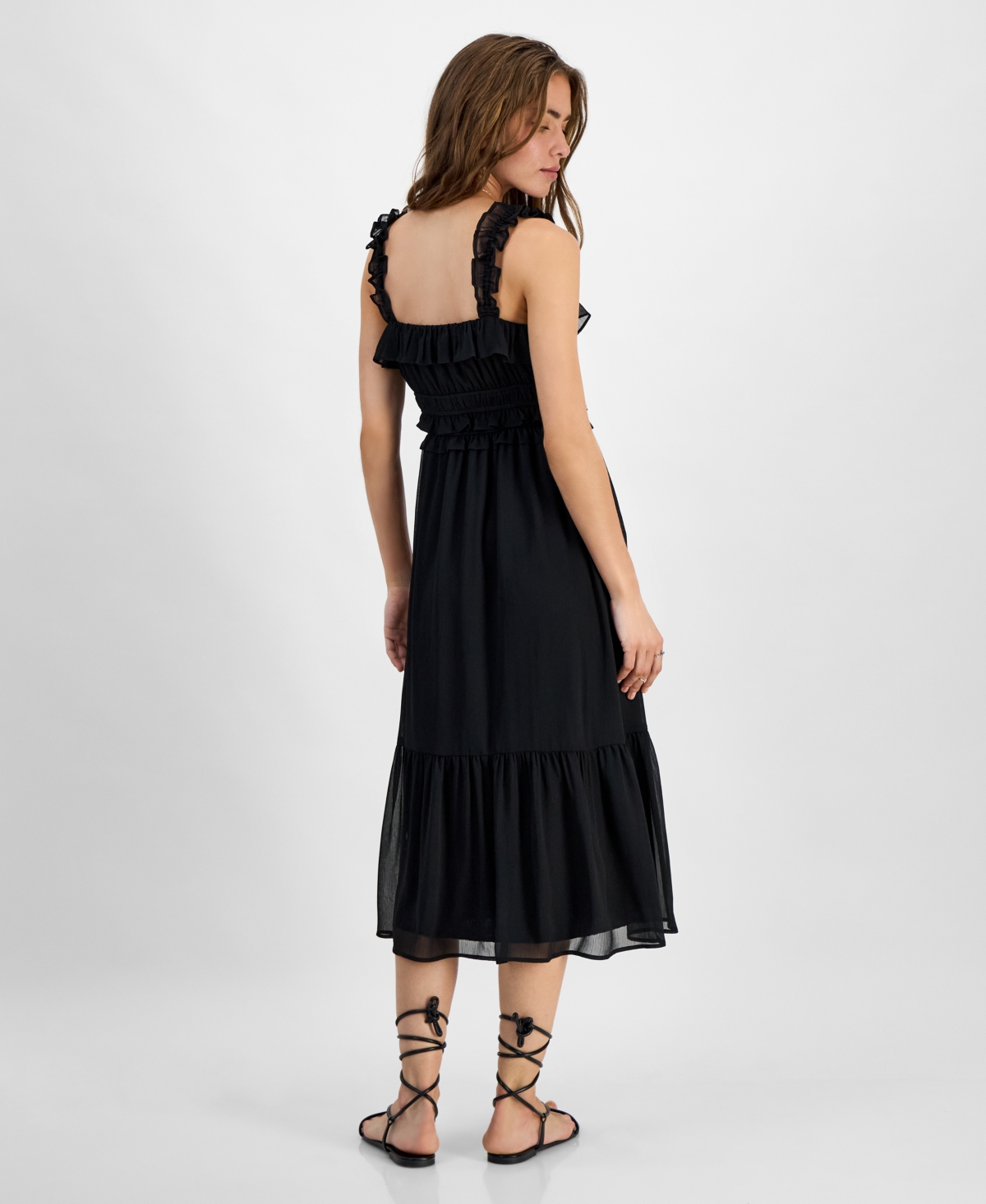 KINGSTON GREY JUNIORS' RUFFLED SQUARE-NECK SLEEVELESS MIDI DRESS 