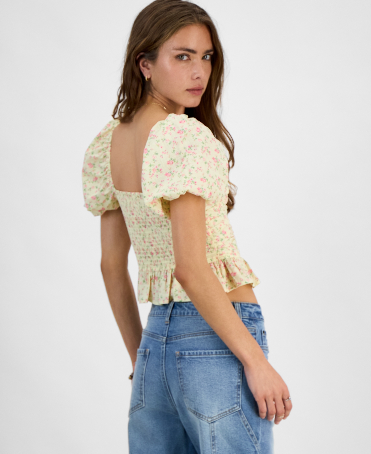 KINGSTON GREY JUNIORS' PRINTED SWEETHEART-NECK PUFF-SLEEVE TOP 