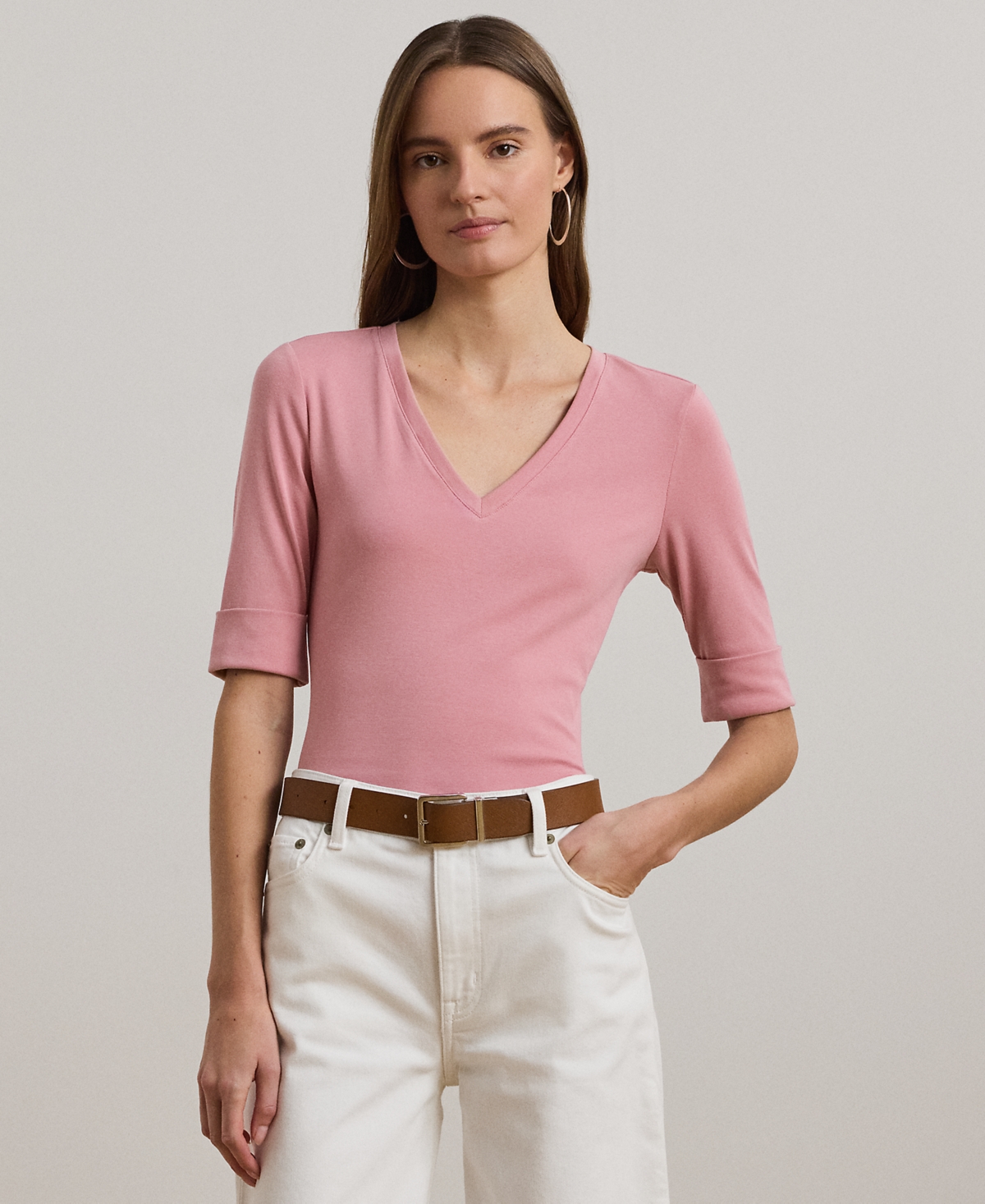 Petite Stretch Cotton Elbow-Sleeve V-Neck Tee - Aqua Pearl