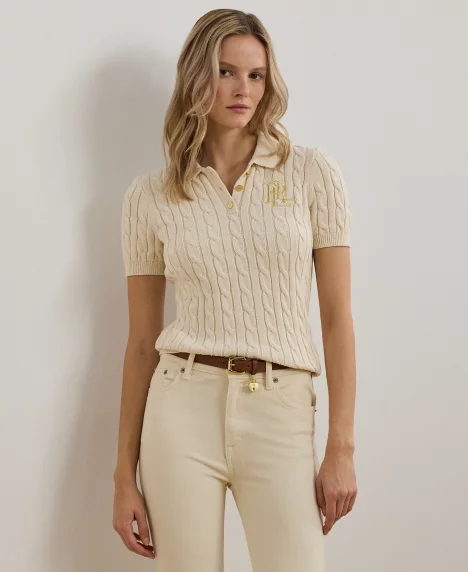 Petite Cable-Knit Polo Sweater - Mascarpone Cream