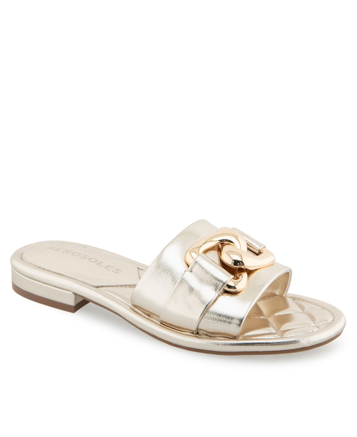 Shop Aerosoles Women's Big Charm Slide Open Toe Sandals In Gold Metallic Faux Leather
