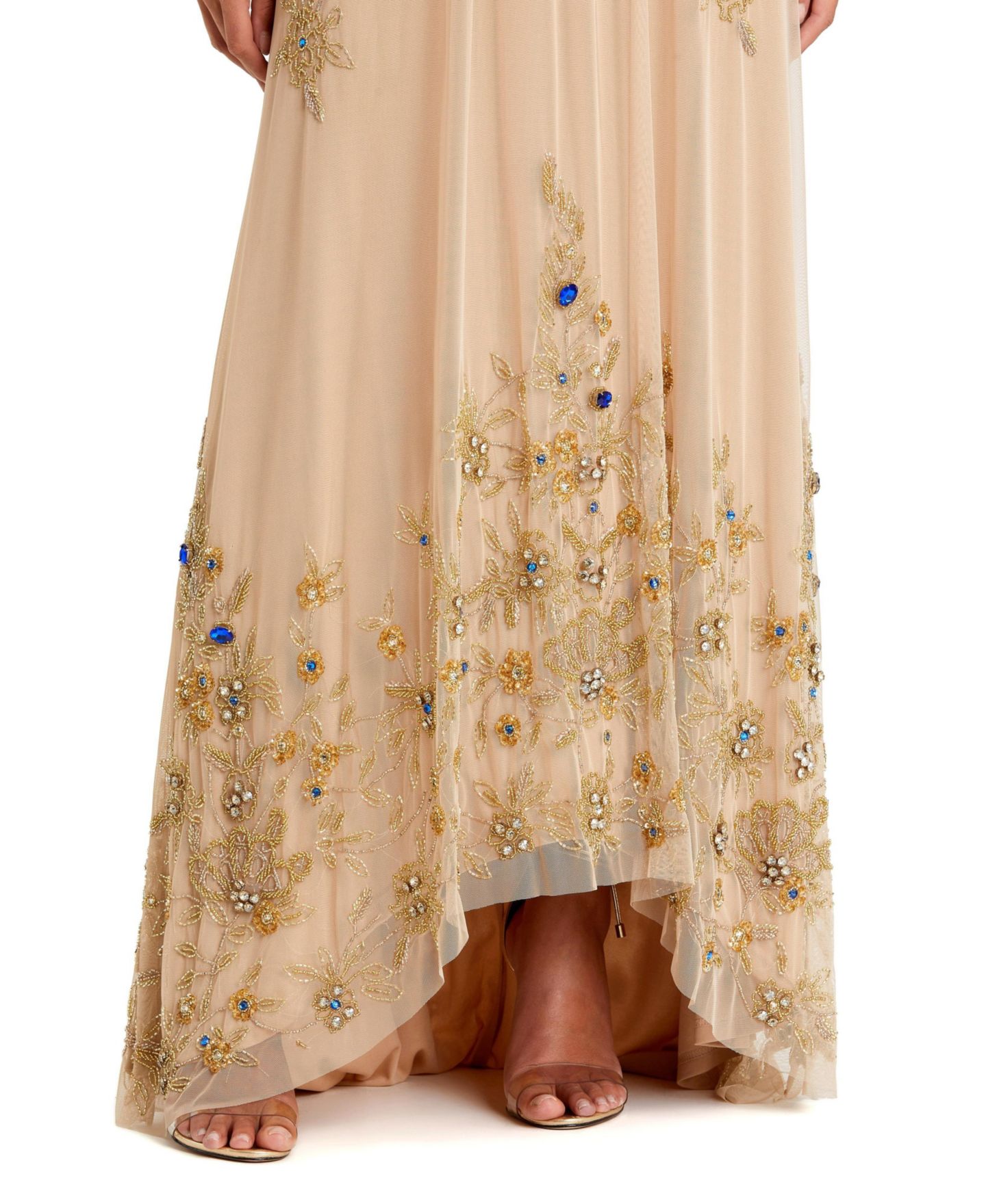Женское платье Mac Duggal High Neck Floral Embellished Trapeze Gown, цвет: Телесный золотой — фото 9