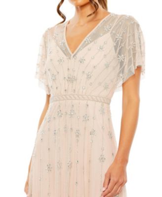 Women's V-Neck Embellished Flutter Sleeve A Line Gown