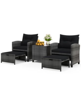 5-Piece Outdoor Rattan Furniture Set with 2 Ottomans and Glass Coffee Table