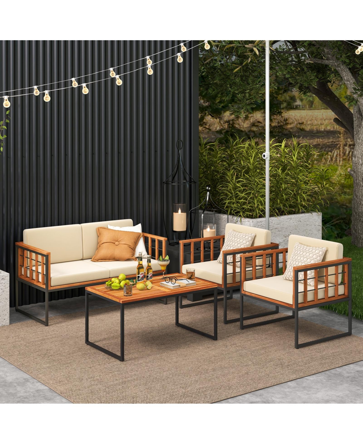 4 Pieces Acacia Wood Outdoor Sofa Set for Balcony Porch Backyard Poolside