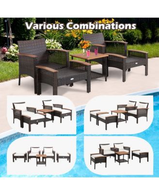 5 Pieces Patio Rattan Furniture Set with Acacia Wood Table